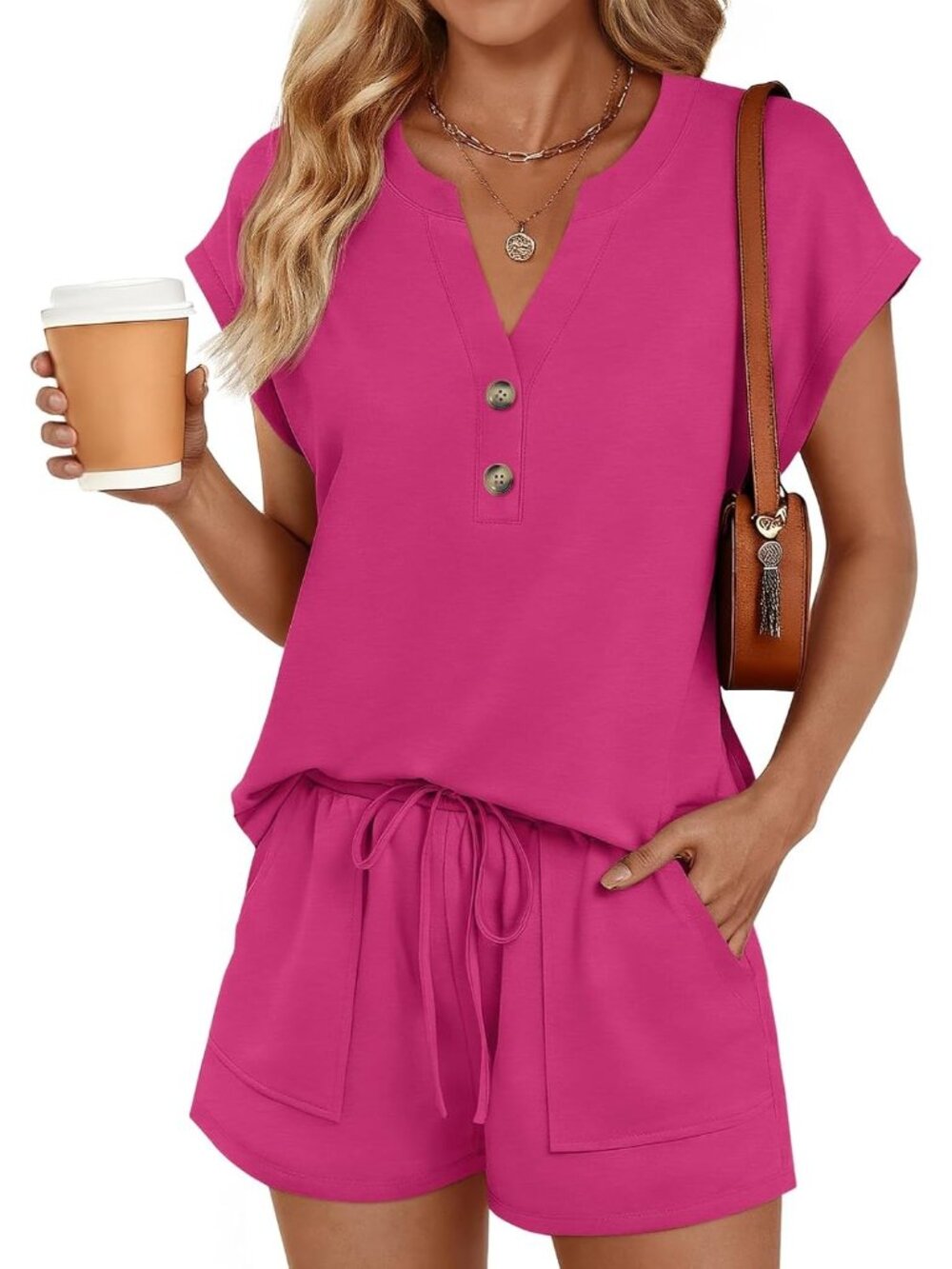 〽️Women's Outfit Set Hot Pink Casual Summer Beach Two Piece Matching Sweatsuit